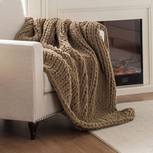 Chunky Knit Blanket Throw, 100% Hand Knit Throw Blanket Handmade Chenille Cable Knit Throw for Couch, Stylish Cozy Soft Rope Knot Crochet Blanket for Home Decor, Camel, 50x60 Inches
