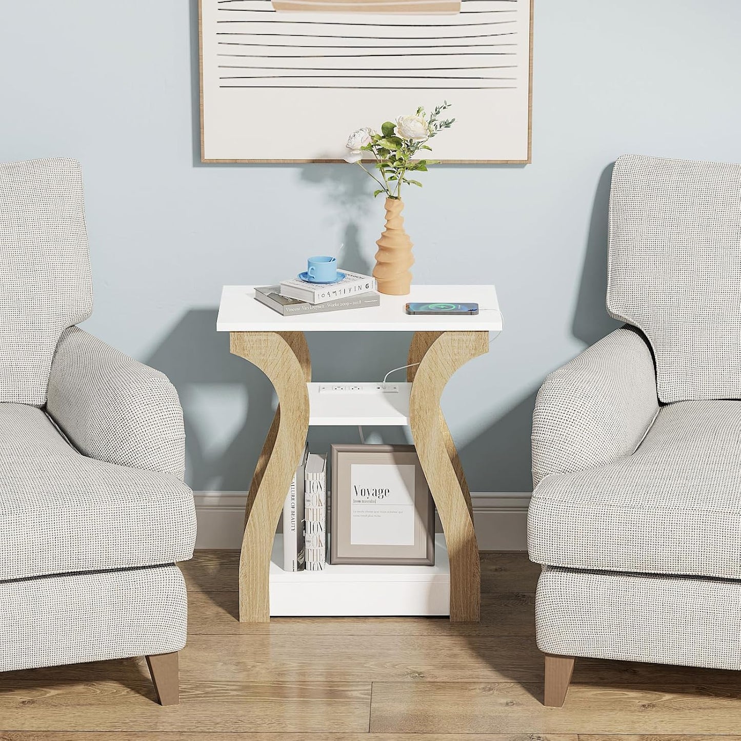 End Table with Charging Station, Side Table with USB Ports and Outlets, Nightstand, 3 Tier End Table with Storage Shelf for Living Room, Bedroom (White)