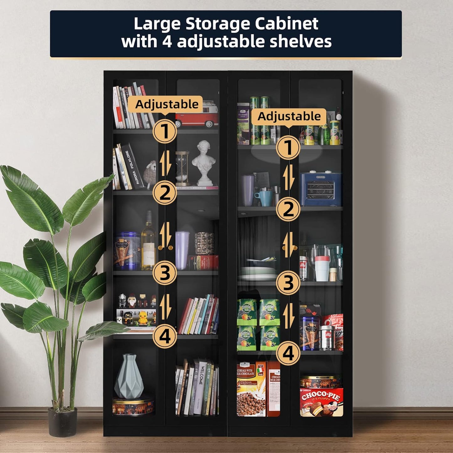 5 Tier Metal Curio Cabinets, Modern Bookshelf Cabinet with 4 Adjustable Shelves, Cabinet Display Case for Home Office, Living Room, Pantry (Black-27.5W)