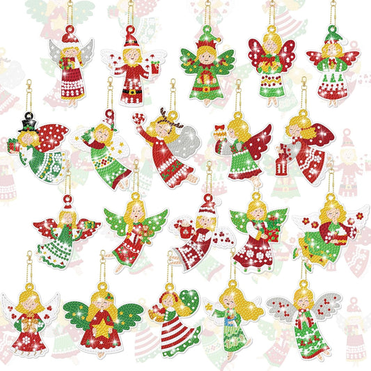 Tondiamo 20 Pcs Christmas Diamond Painting Keychain Kits 5D DIY Diamond Art Pendants Double Sided Hanging Key Chains for Christmas Party Decoration DIY(Angels Style)