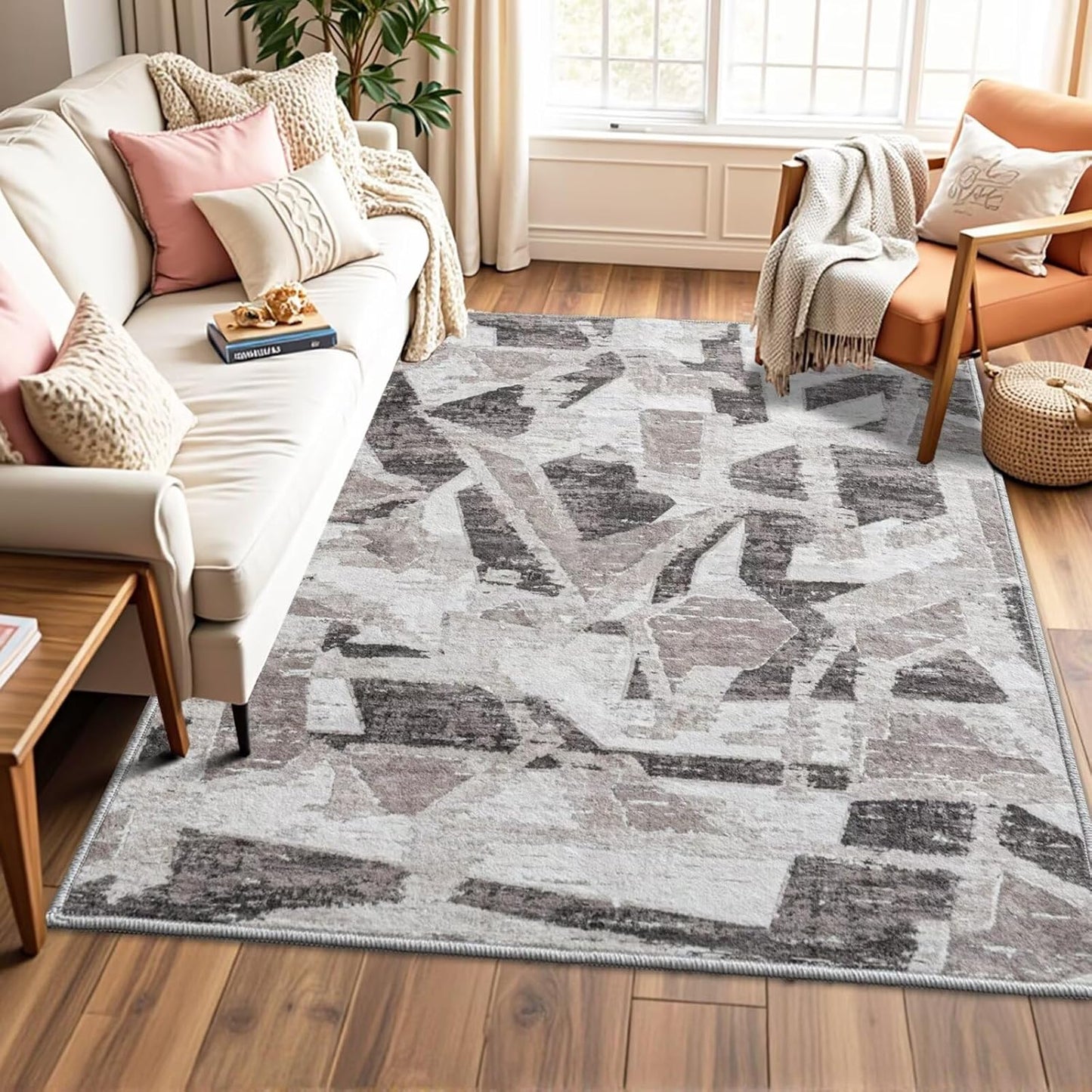 Modern Abstract 5X7 Area Rug for Living Room Bedroom Washable, with Non-Slip Rubber Backing Print Faux Wool Thin, Grey Throw Large Carpet for Kids Playroom Dining Room Pet & Child Friendly