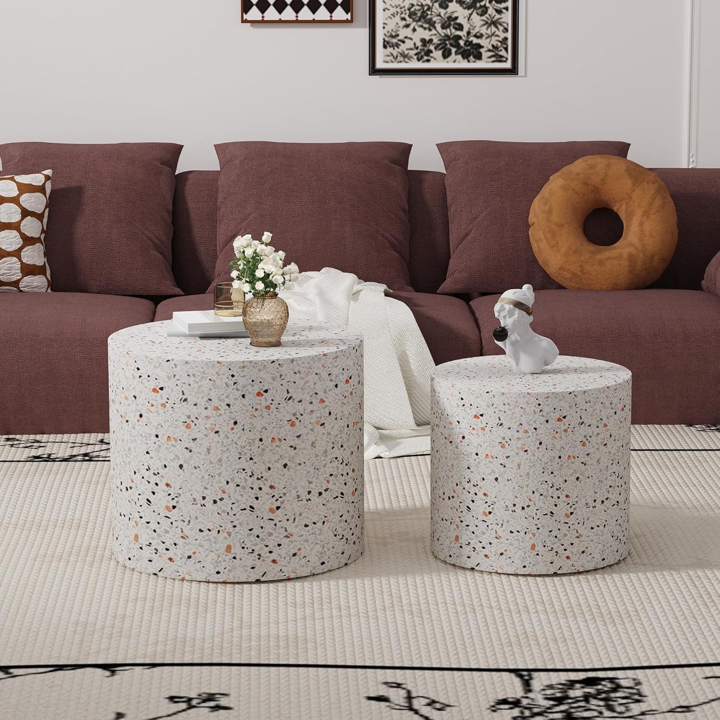 Terrazzo Round Nesting Coffee Tables 2 Piece Set - Contemporary Design, Sturdy Build, Multifunctional for Living Room, Office, and Balcony Use (Terrazzo 18.1in)