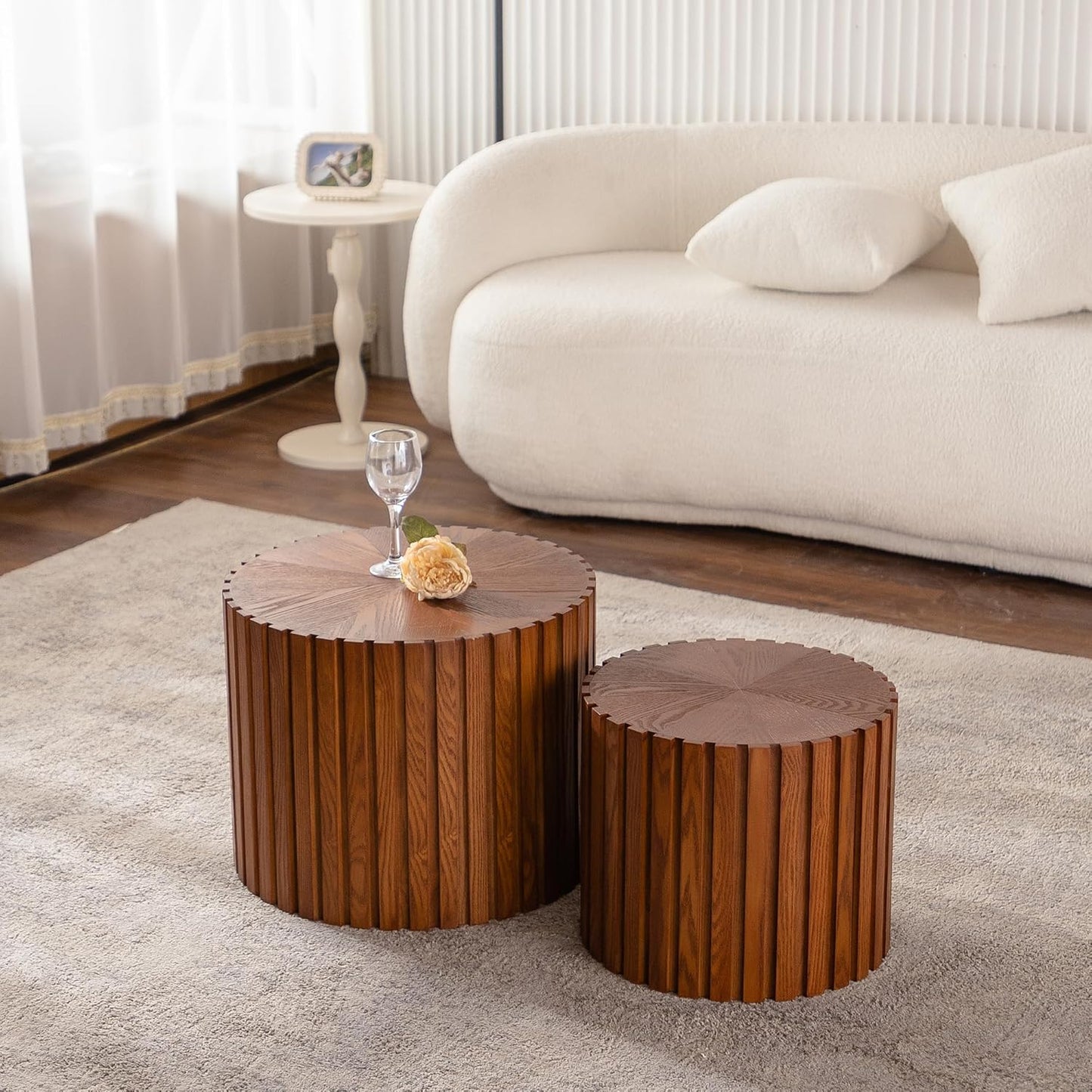 Nesting Round Coffee Table Set of 2, 18.9" Small Circle Accent End Table for Small Spaces, Morden Drum Side Table, Wooden Center Table for Living Room, Fully Assembled - Dark Walnut