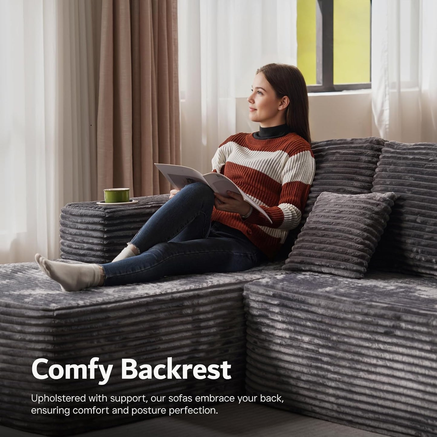 ovios Sectional Cloud Couch for Living Room, Modular Floor Sofa with Plush Corduroy, No Assembly Required, Big Comfy Couches Set with Fluffy Memory Foam, Stupendous U Shaped Sofas with Chaise, Black