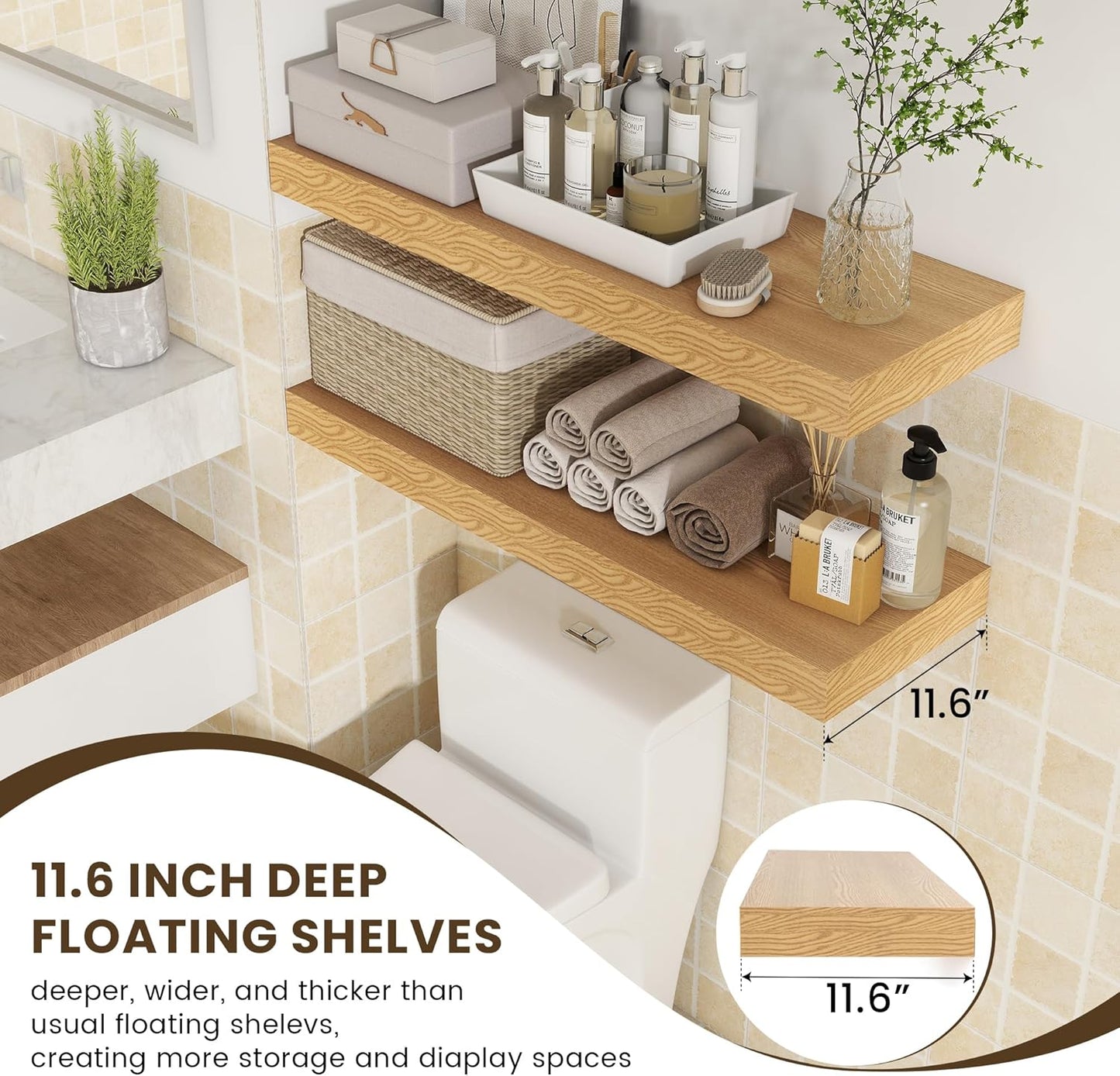 Deep Floating Shelves for Wall, 35.4W x 11.6D Rustic Large Wall Shelves Set of 2, 11.6 Inch Deep Oak Shelves 35.4 Inches Long, Bookshelf Laundry Shelf TV Shelf