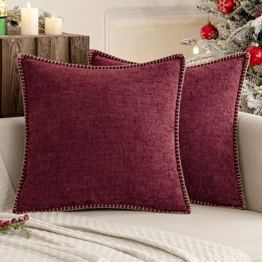 MIULEE Pack of 2 Christmas Pillow Covers 18x18 Inch Burgundy Red Farmhouse Decorative Throw Pillow Covers with Stitched Edge Soft Chenille Solid Dyed Couch Pillow Covers for Sofa Bed Living Room