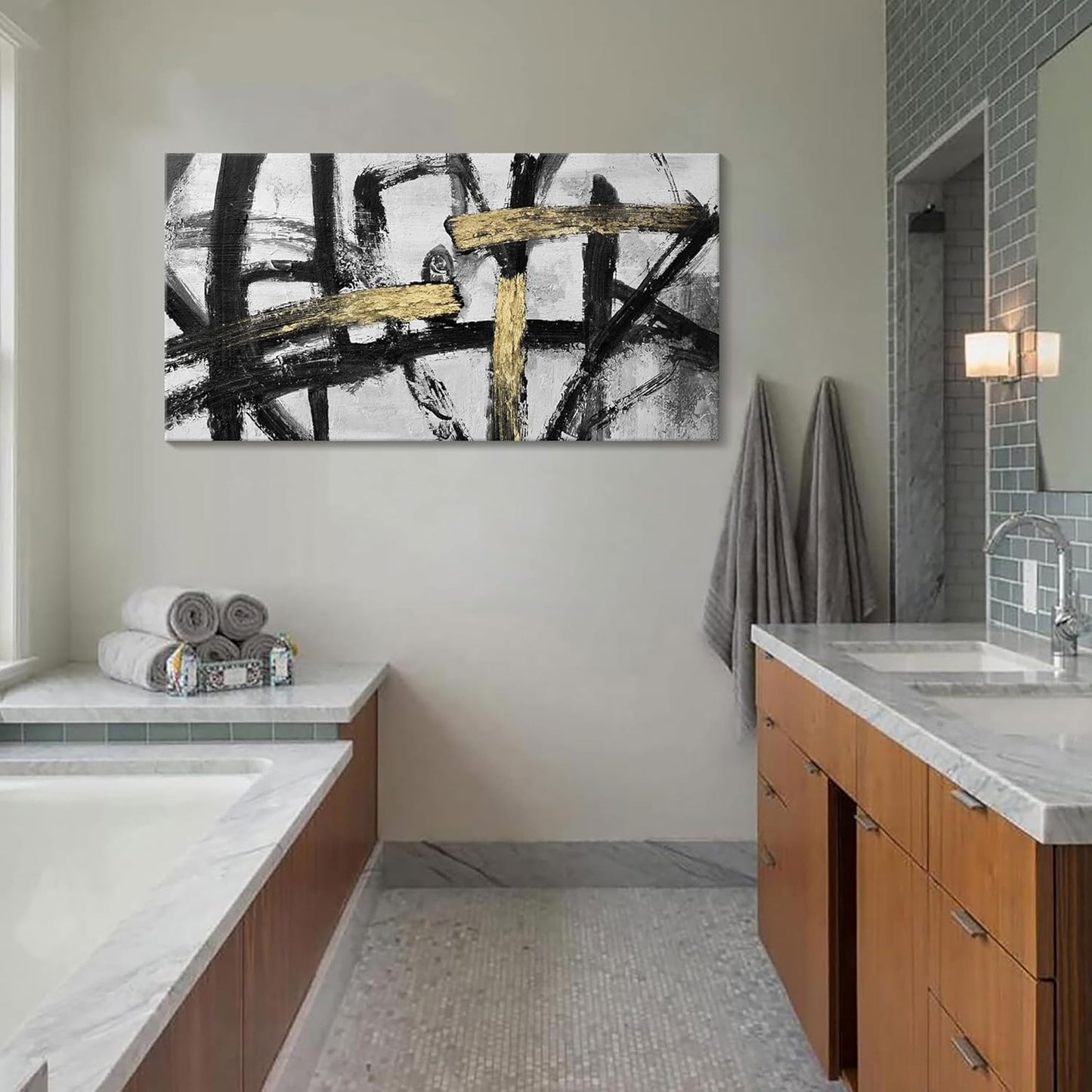 Large Black and White Wall Art, Modern Paintings Gold Abstract Graffiti Canvas Artwork Wall Pictures for Living Room Bedroom Dining Room Home Office Decor 24x48 In