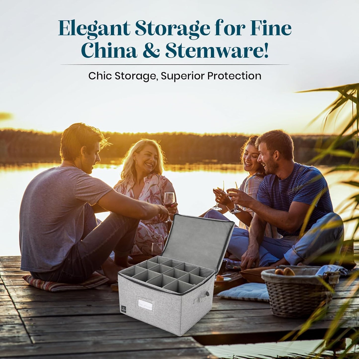 Wine Glass Storage, Holds 12 Stemware Glasses, Stackable, Fully-Padded Inside with Hard Top and Sides (Grey)