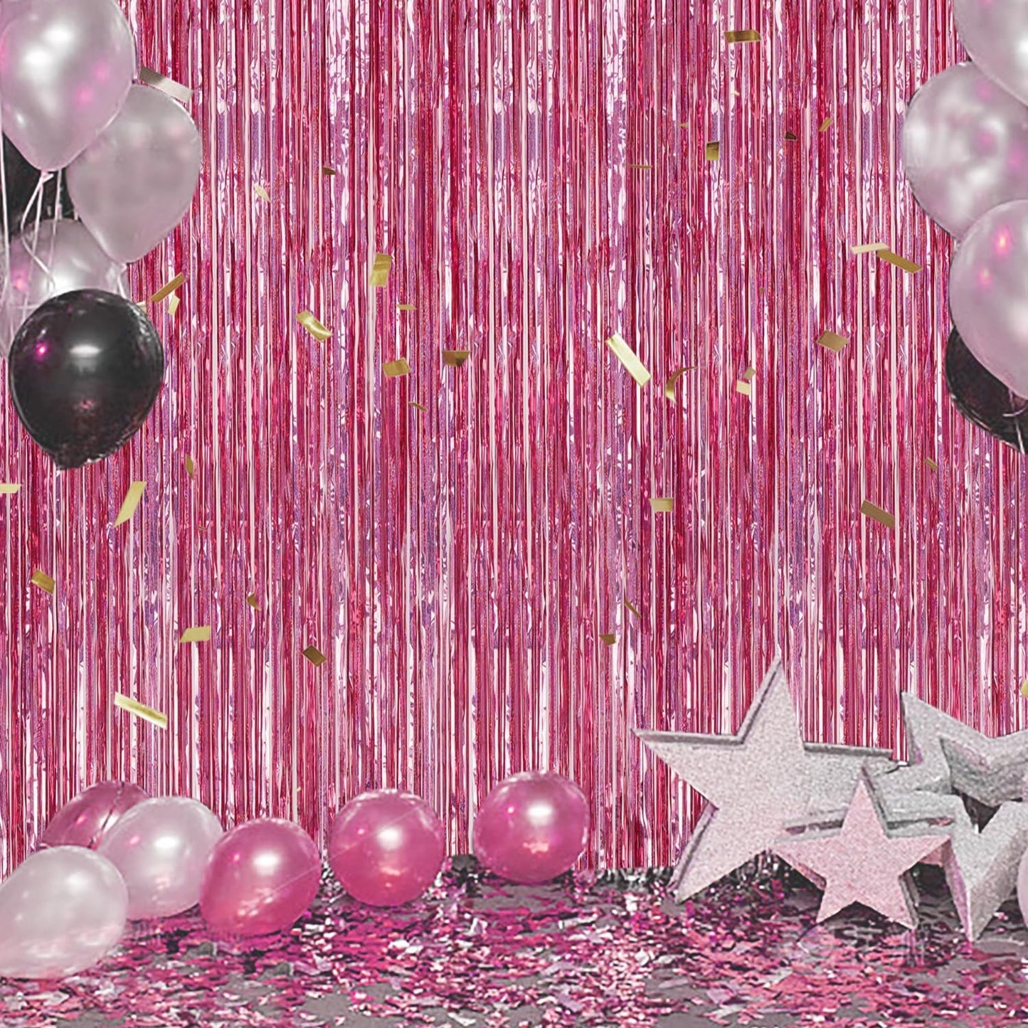 3 Pack Foil Fringe Backdrop - Laser Pink Shiny Tinsel Curtains for Party Decoration/Photo Booth Props - 3.3x8.2 FT Metallic Foil Backdrop for Birthday, Wedding, Graduation, Christmas.