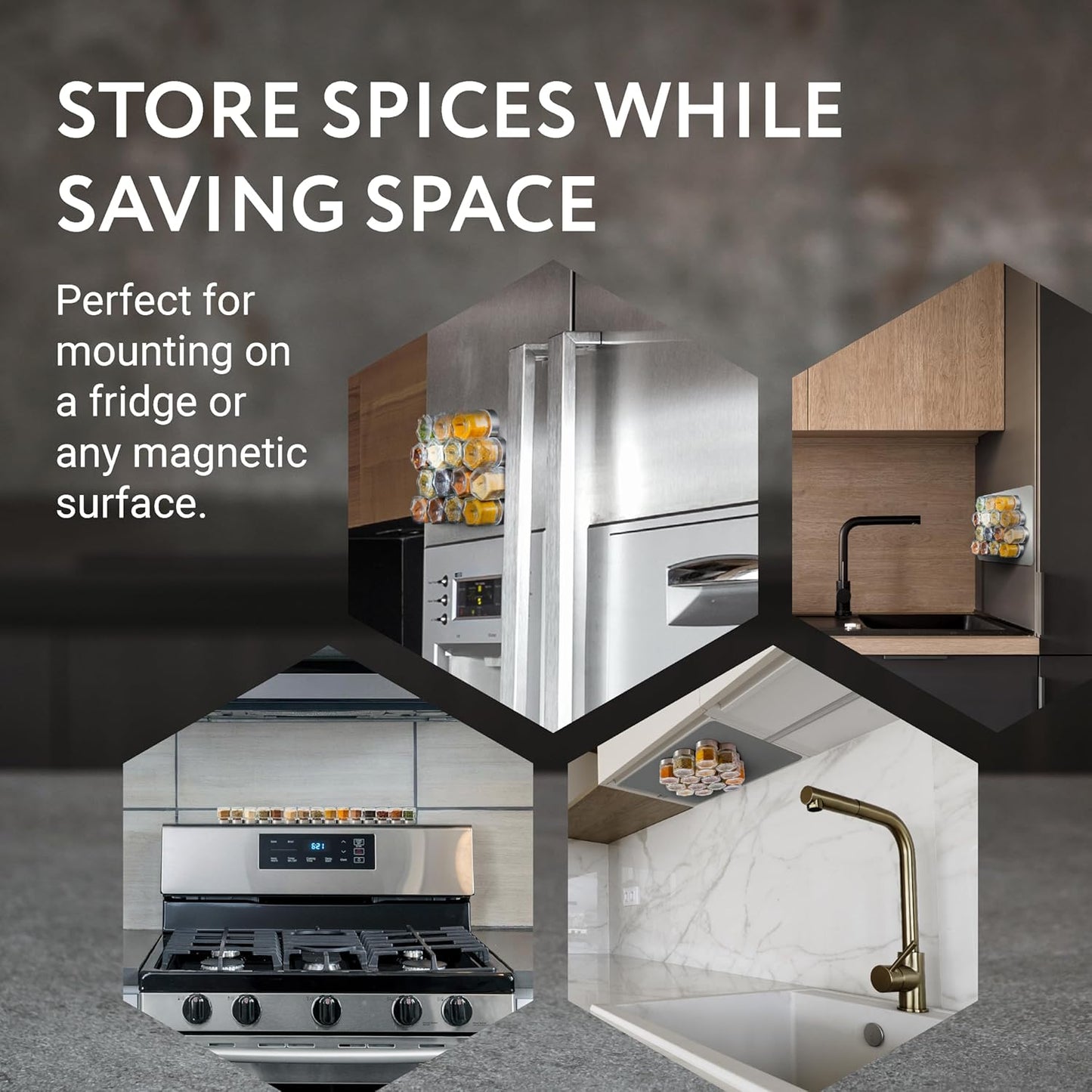 IMPRESA Hexagon Magnetic Spice Jars - 15 Pack 1.74 oz Glass Jars With Stainless Steel Lids - Airtight Magnetic Seasoning Containers & Space-Saving Honeycomb Fridge Magnets - 60 Preprinted Labels