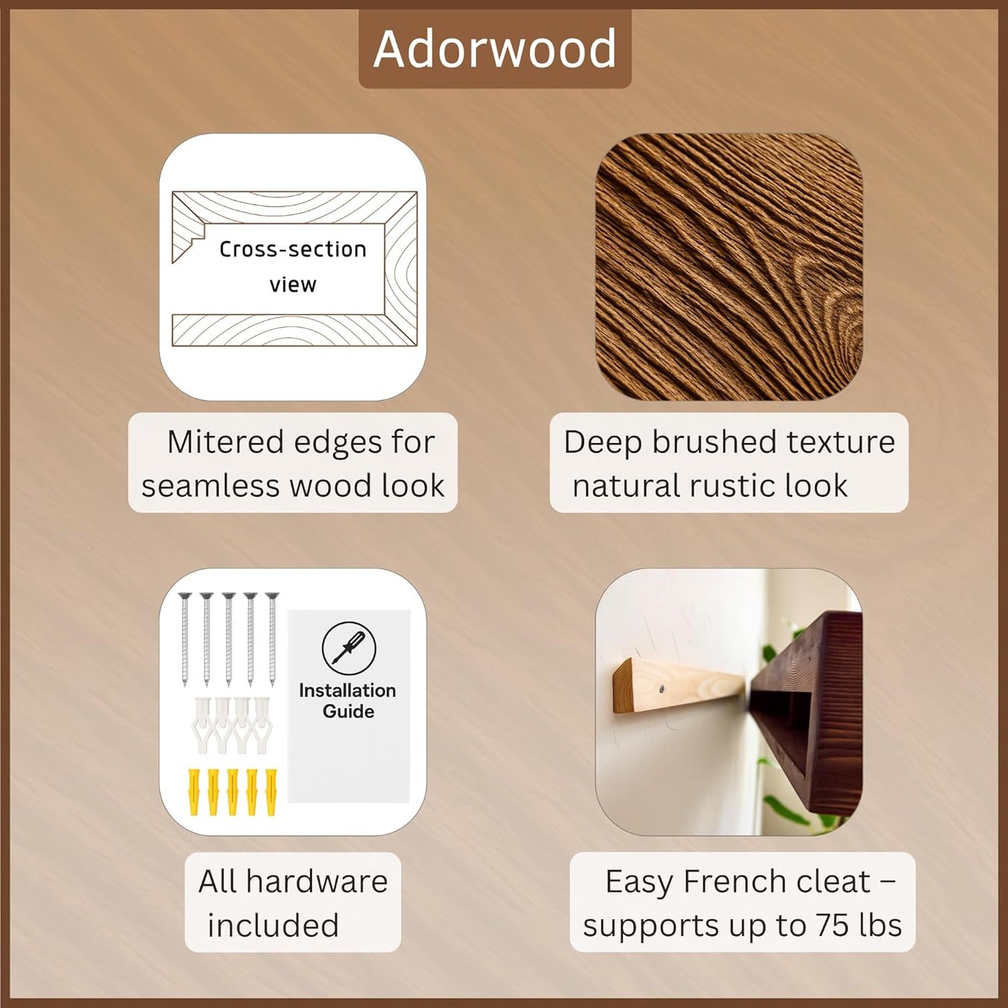 Handmade Fireplace Mantel Shelf 48", Extra Wide Rustic Wood Mantles for Over Fireplace, Wall Mounted Floating Mantel Shelves for Living Room Decor (Ebony, 48Lx6Hx8D)