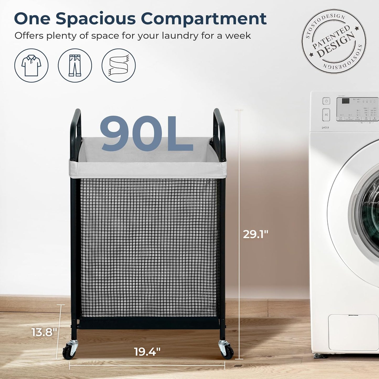 STO STO Laundry Hamper, 90L Rolling Laundry Sorter Cart with Removable and Washable Liner Bag, Rolling Clothes Hamper with Metal Handle for Laundry Room and Bedroom, Gray