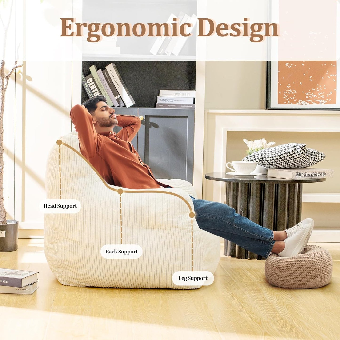 Bean Bag Chair for Adults - Faux Fur, Fluffy and Comfy with Filler, Big Sofa for Reading, Gaming (Beige, Oversize)