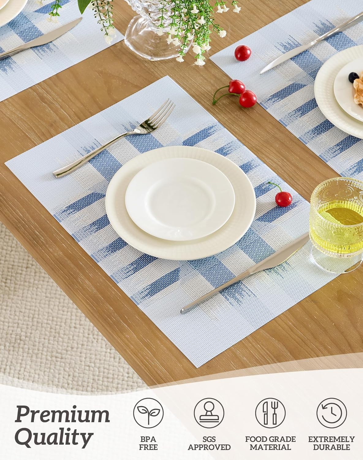 Leetaltree Geometric Print Blue Placemats Set of 8 - Heat Resistant Non-Slip Place mats for Dining Table, Washable Durable PVC Vinyl Woven Table Mats (Geometric Blue, 8)