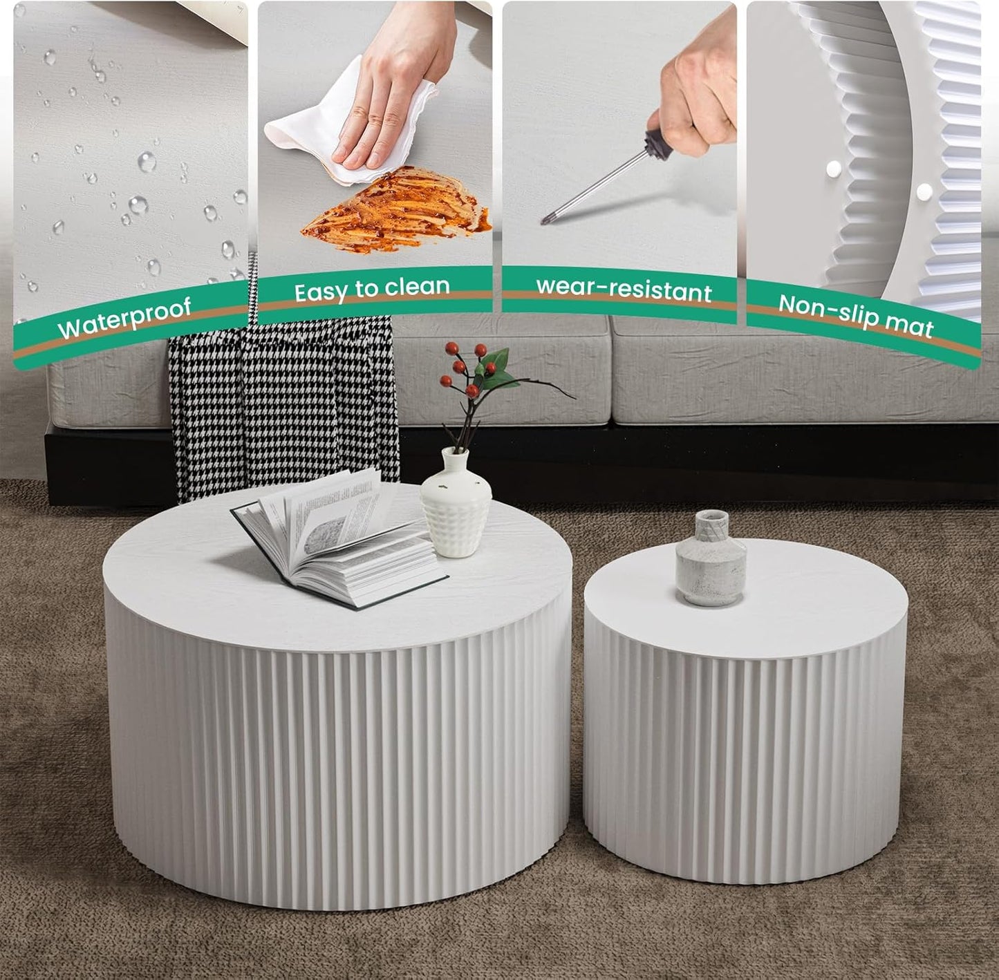 Round Nesting Coffee Table Set of 2 Handcraft Circle Fluted Nesting Coffee Tables Circular Side Table Drum Accent End Tables for Living Room Bedroom (White A Small)