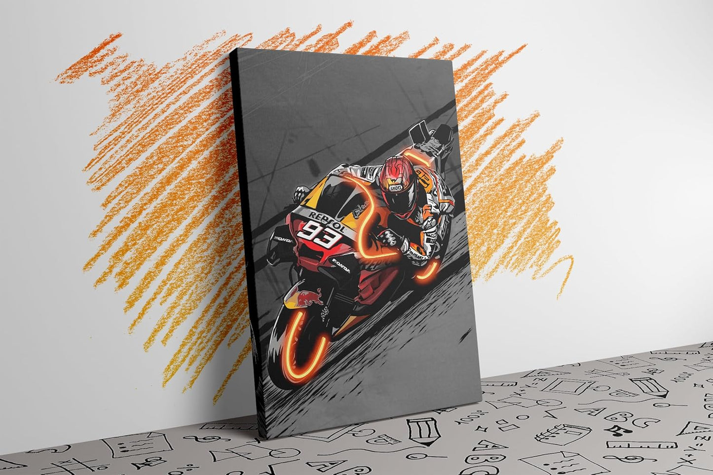 Sorventina Painted Neon Style Orange #93 RC213V Racing Bikes Wall Art - 16x24 Wrapped Canvas, Non-LED, Ideal Decor for Bedroom, Living Room, Office, Game Room, Garage, or Man Cave