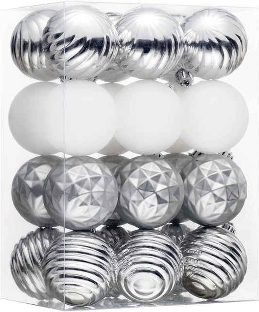 Valery Madelyn Christmas Ornaments Tree Decorations Set for Fall Halloween, 24ct Silver White Shatterproof Ball Ornaments, 2.36" Hanging Ornament Bulk for Xmas Holiday Party Decor
