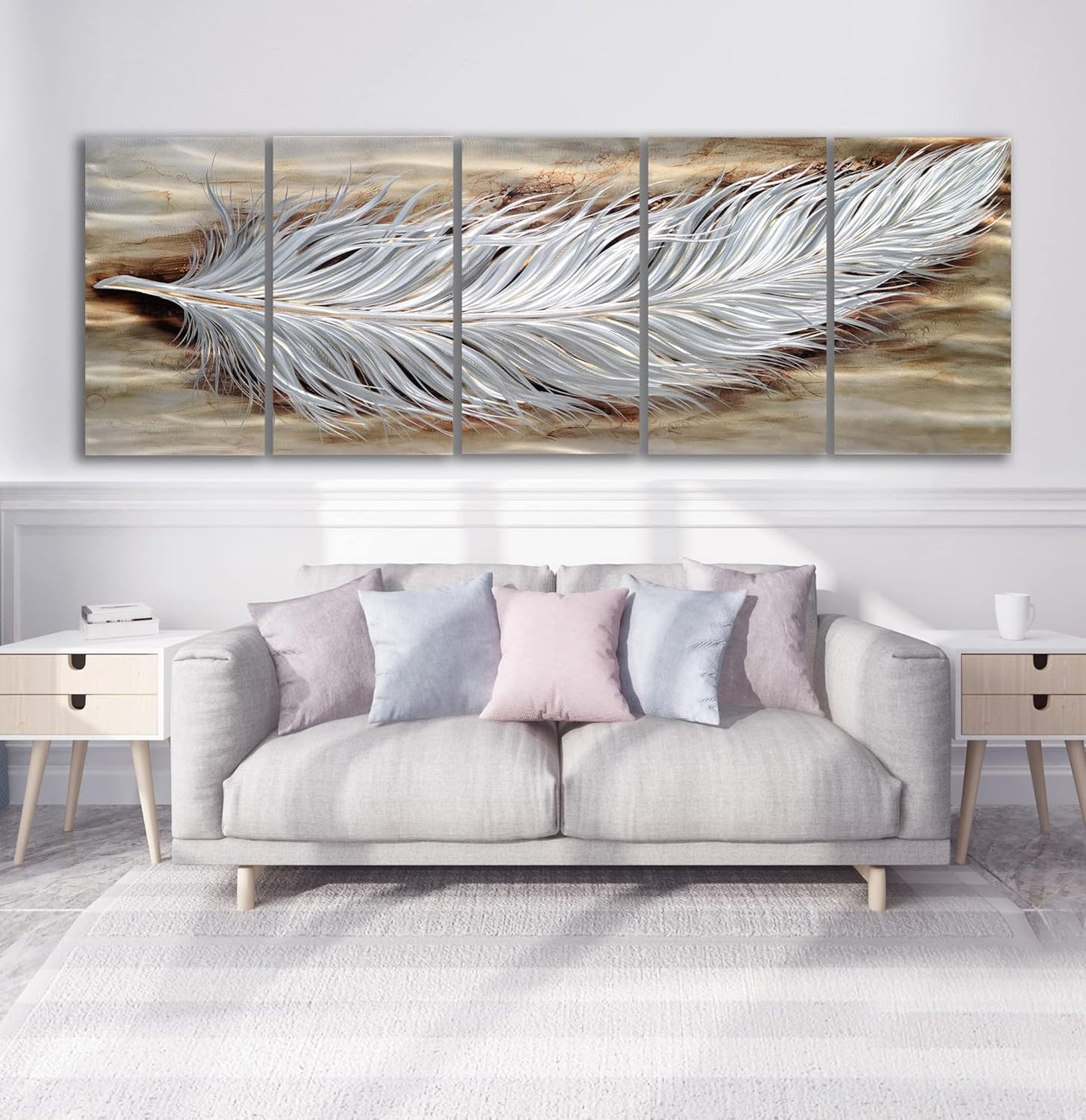 Yihui Arts Rustic Feather Metal Wall Art, Brown and Silver Aluminum Artwork, 5 Panels Artwork for Living Room Farmhouse Dinning Office Decor