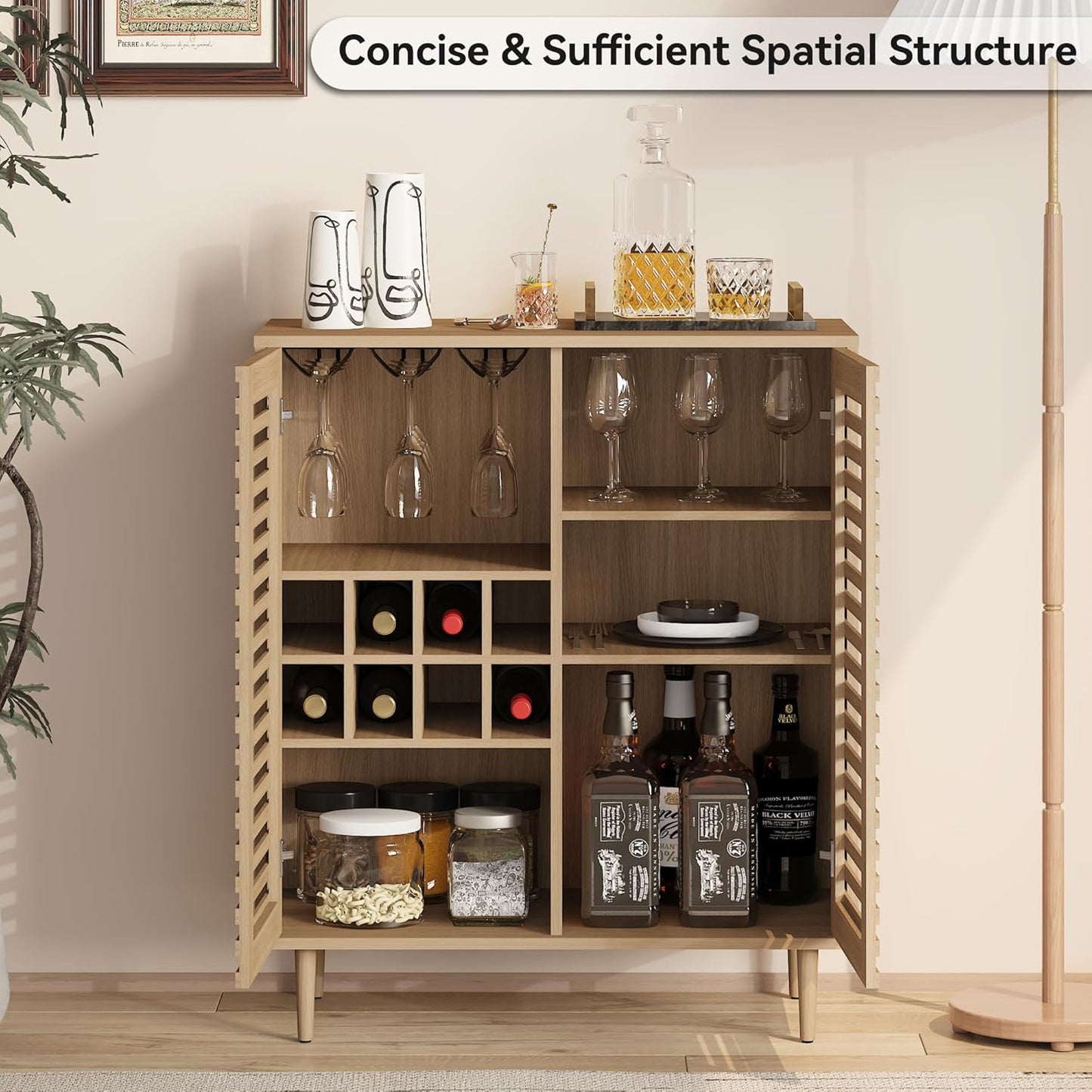 Mid Century Bar Cabinet with Wine Racks, Modern Liquor Cabinet with Slatted Doors for Dining Room, Living Room (Natural Color)