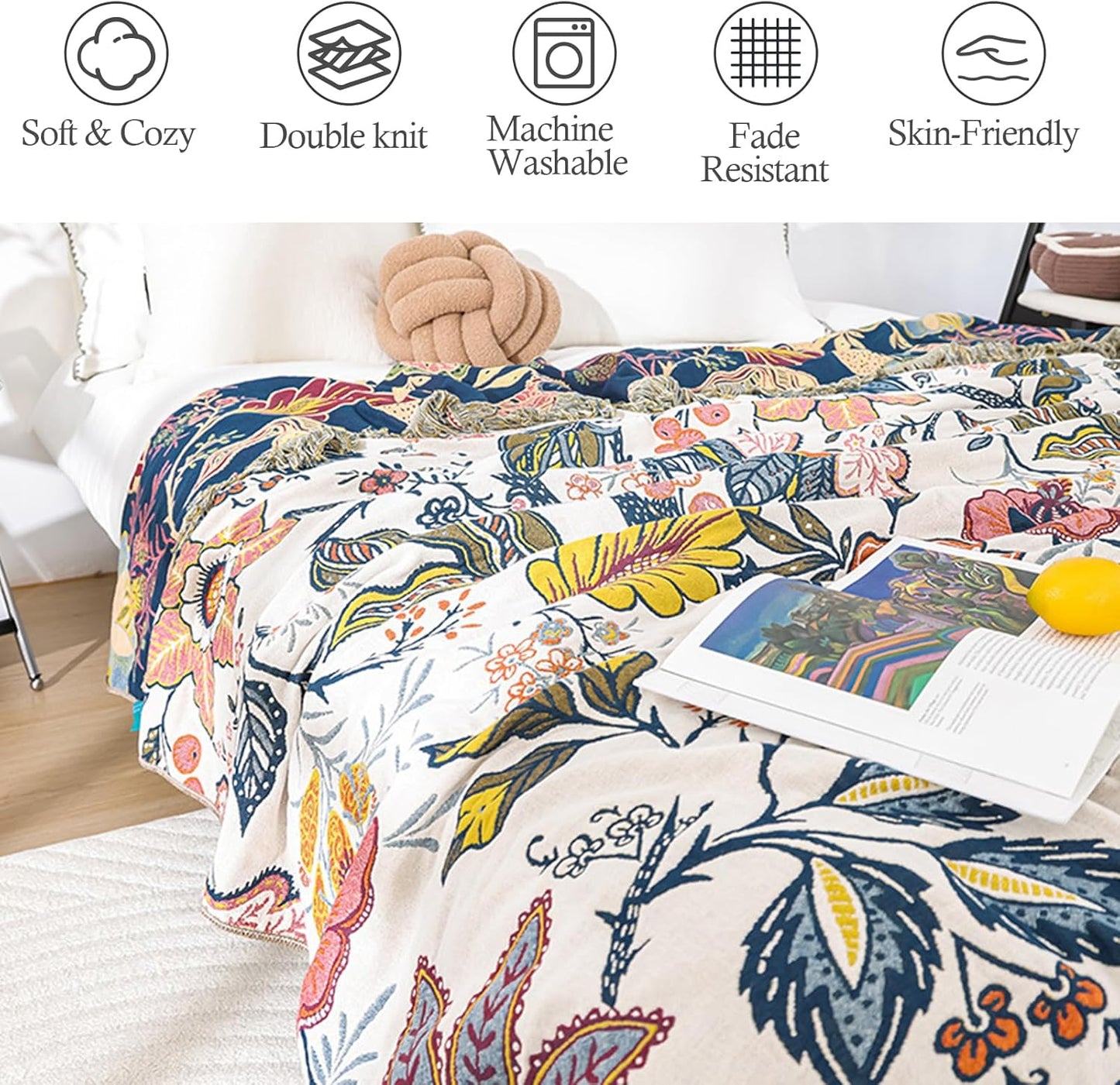 Snycler Boho Throw Blanket for Bed, 100% Organic Cotton Muslin Soft Throw-Floral Farmhouse Rustic Spring Summer Fall Decor Blanket for Couch Sofa Quilt and Gift, 80" x 90" White