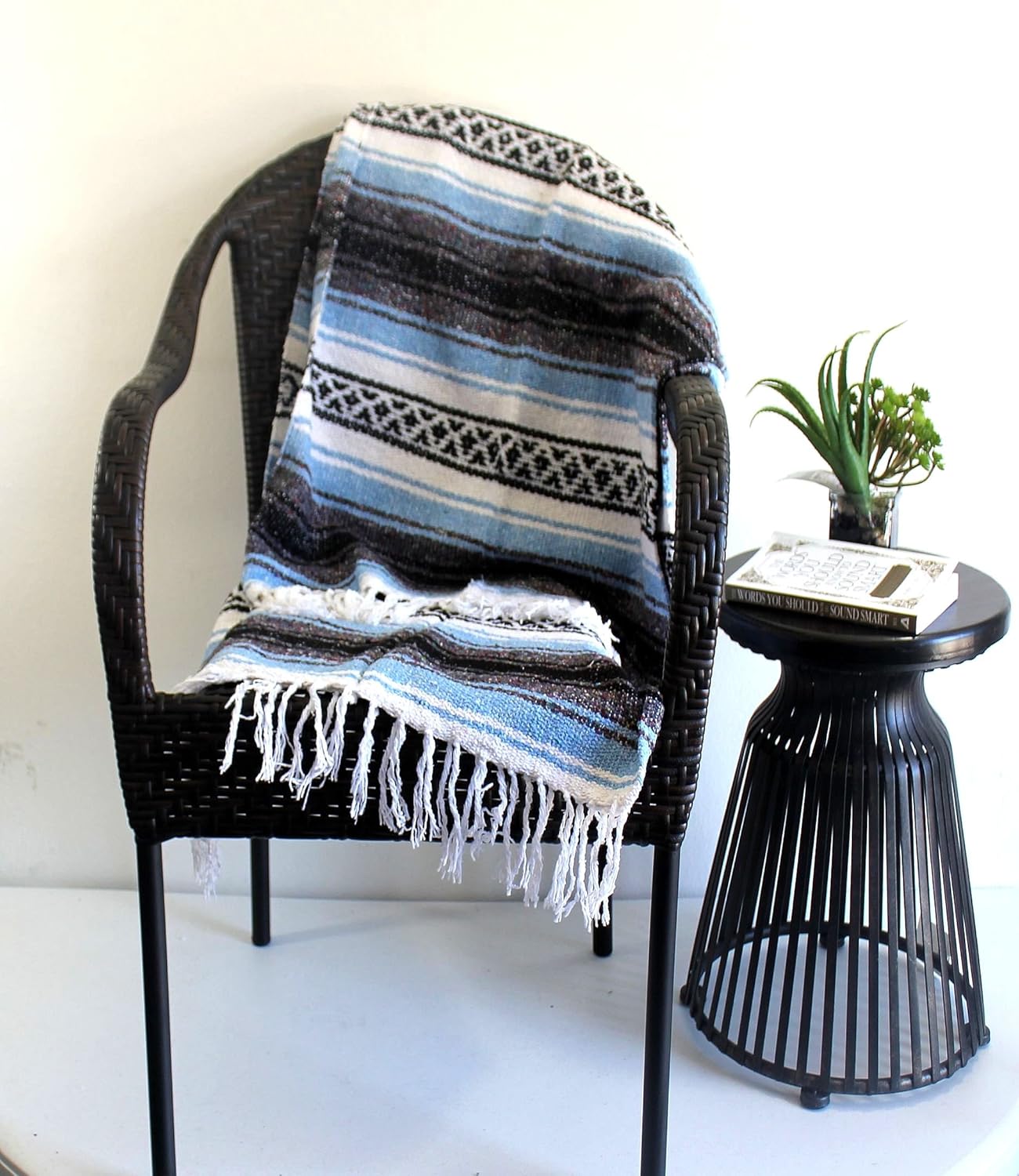 Del Mex Classic Mexican Blanket, Large Authentic Woven Falsa Throw (70"x50"), Artisan Southwest Décor for Beach, Yoga, Outdoors (Light Blue)