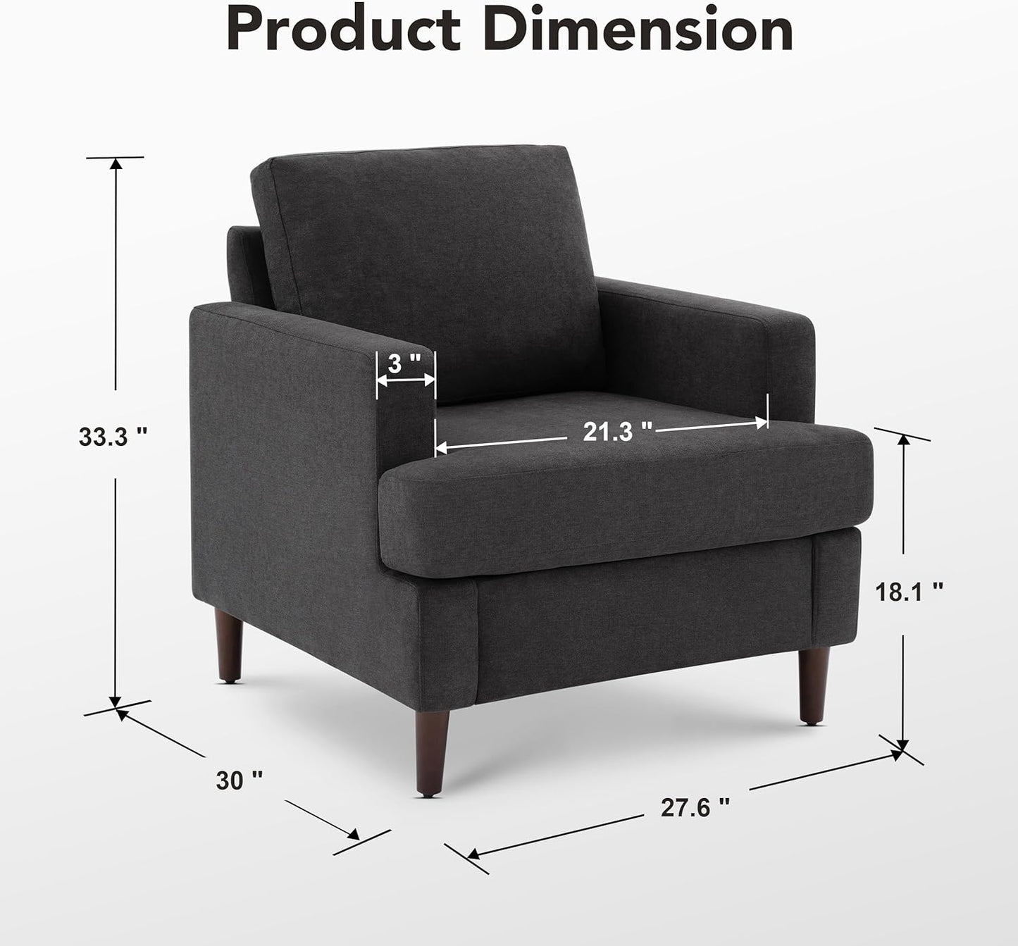 Mid-Century Accent Chair,Modern Linen Fabric Armchair for Living Room,Comfy Upholstered Reading Accent Chairs for Bedroom,Single Sofa Chair with Wood Legs (Dark Grey, 1 Pack)