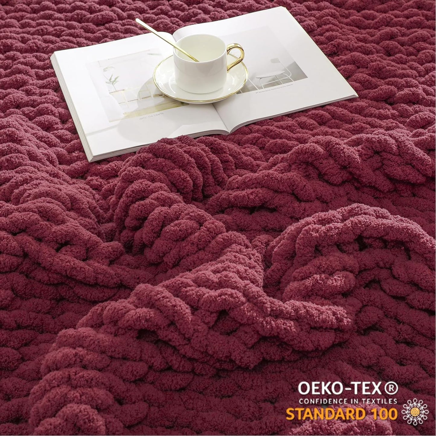 WESHIONGOO Chunky Knit Blanket Throw 50"×60" Knitted Throw Blankets for Couch Bed Fluffy Soft Blanket with Jumbo Chenille Yarn Thick 100% Handmade(Burgundy Red)