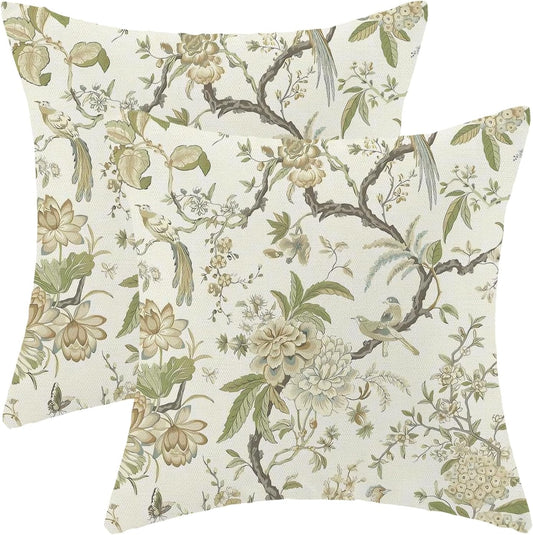 CXMEIFLY Spring Floral Birds Pillow Covers 24 x 24 Inch Set of 2 for Chinoiserie Flowers Decor Throw Pillows Sage Green Plant Outdoor Decorative Cushion Cases for Couch Bed Decorations
