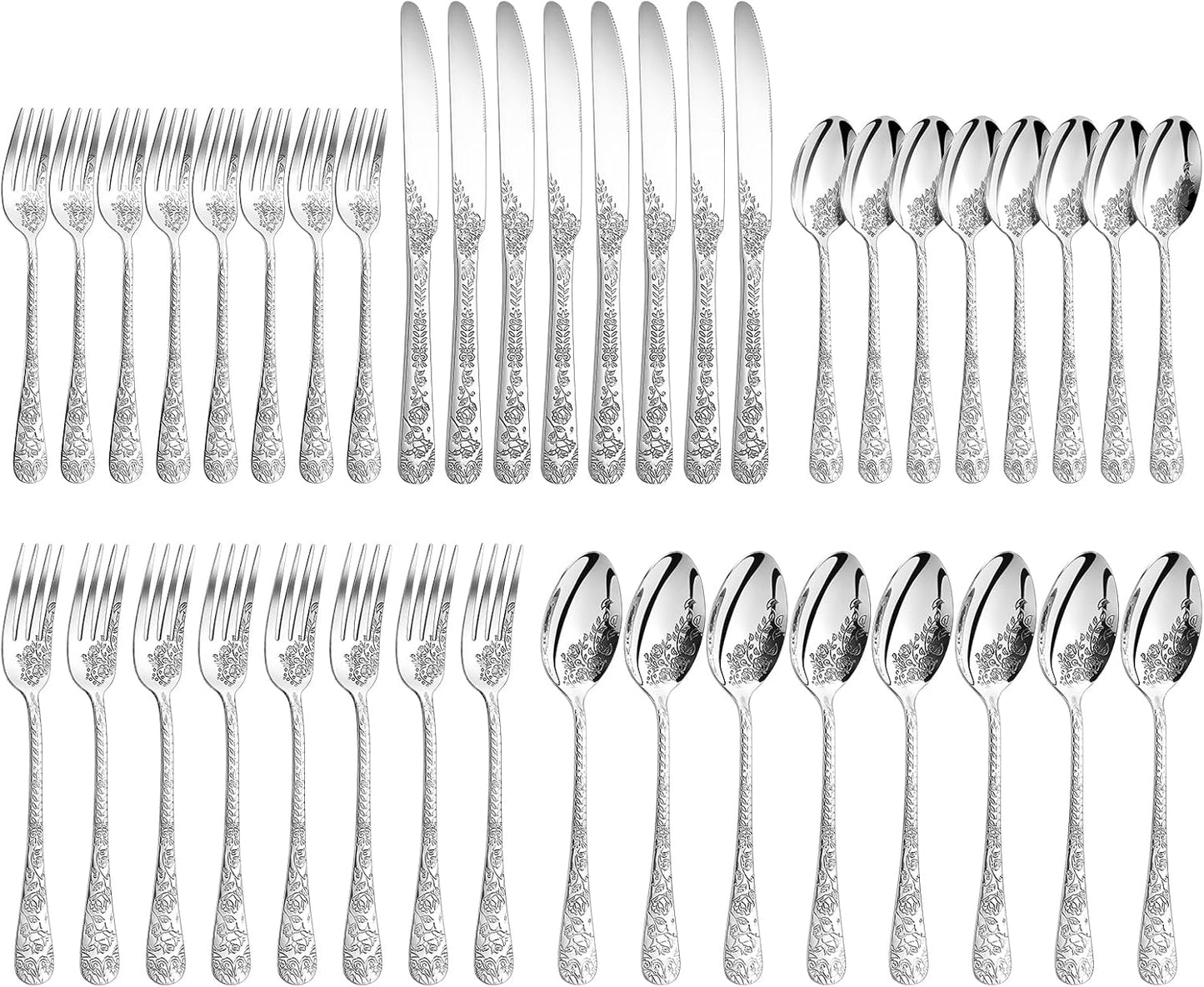 Floral 20 Pcs Silverware Set for 4, Food Grade Stainless Steel Flatware Set with Rose Flower Embossed Design, Eating Utensils Sets Include Fork/Knife/Spoon, Reusable Cutlery Set, Dishwasher Safe