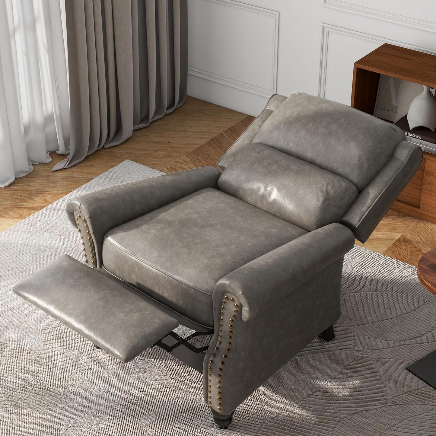UIXE Pushback Recliner Chairs Set of 2, Faux Leather Armchair Push Back Accent Chair for Living Room, Rivet Trim Club Arm Chair Overstuffed Home Theater Single Sofa Reading Seat with Footrest - Gray