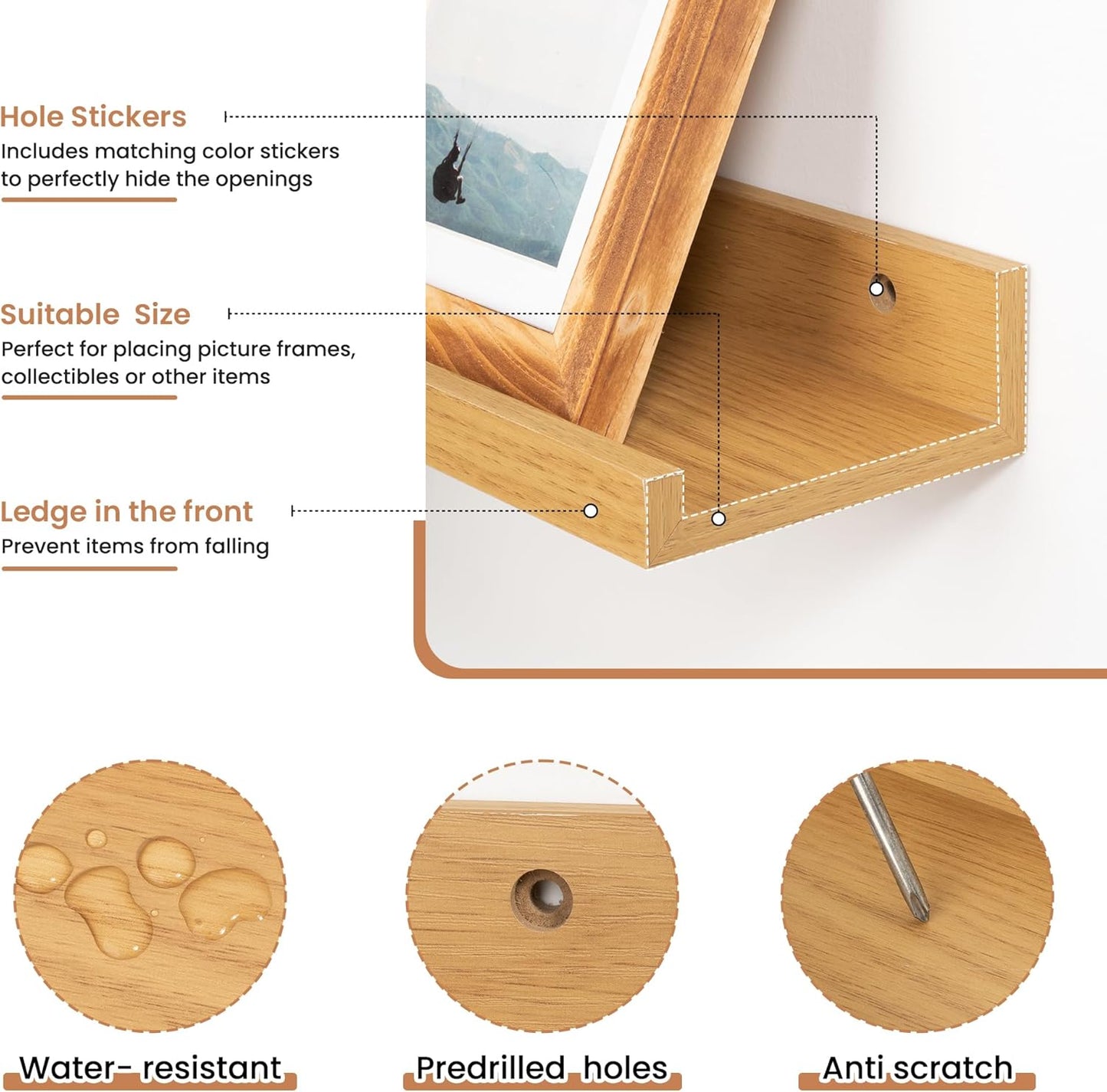 Fun Memories Picture Ledge Shelves Set of 2, 24 Inch Rustic Wall Mounted Floating Shelves with Lip for Home Storage and Décor in Bathroom, Kitchen, Nursery, Bedroom, Living Room, Oak