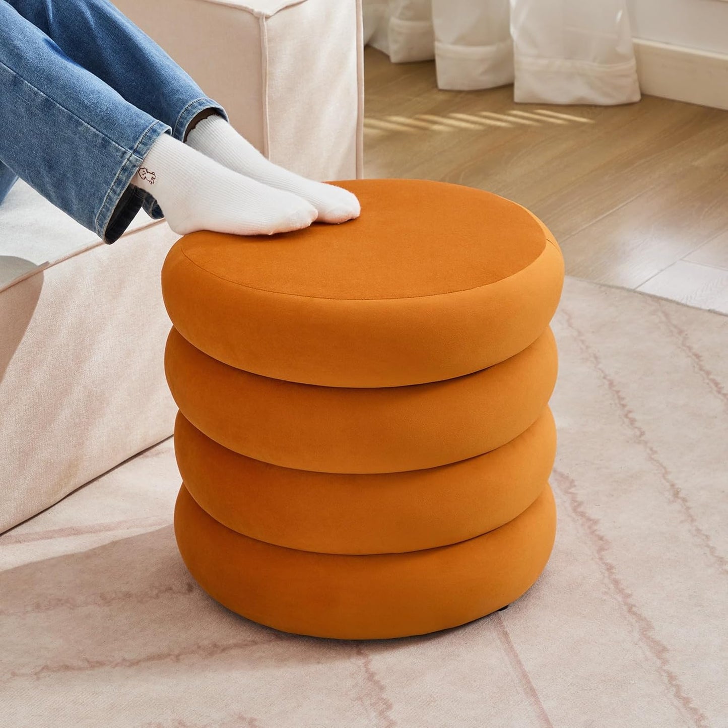 ONEVOG Round Storage Ottoman, 20" Small Ottomans Table with Removable Lid, Velvet Fabric Soft Footrest Stools for Couch, Upholstered Stuffed Circle Seat for Living Room/Bedroom/Dorm/Vanity, Orange