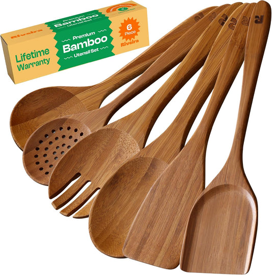 Riveira Brown Bamboo Wooden Spoons for Cooking Set of 6 – Natural Brown Bamboo Wooden Cooking Utensils, Wooden Spatula, Wooden Spoon - Premium Quality Wooden Utensil Set for Non-Toxic Cooking