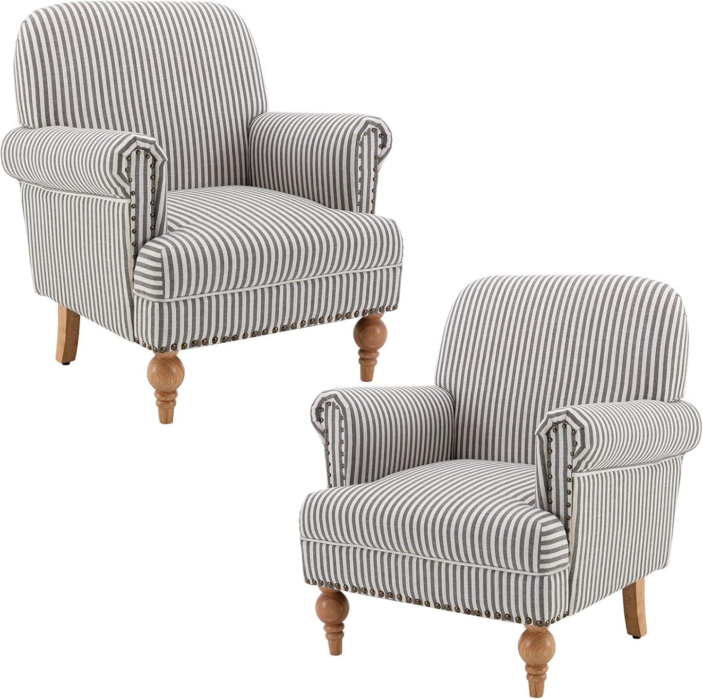 chairus Linen Accent Chair for Living Room Set of 2 Upholstered Mid Century Modern Single Sofa Chair with Solid Wood Legs Comfy Reading Armchair for Bedroom/Office Room/Recption/Lounge, Black Stripe