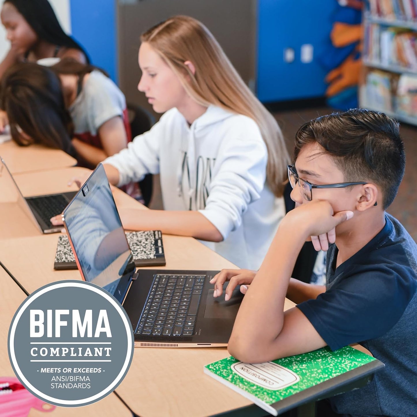 FDP Rectangle (24 x 48 inch) Classroom Table with Adjustable Chunky Toddler Legs (15-24 in); Preschool, Kinder and Daycare Furniture - Pasadena Oak Top/Navy Edge and Legs