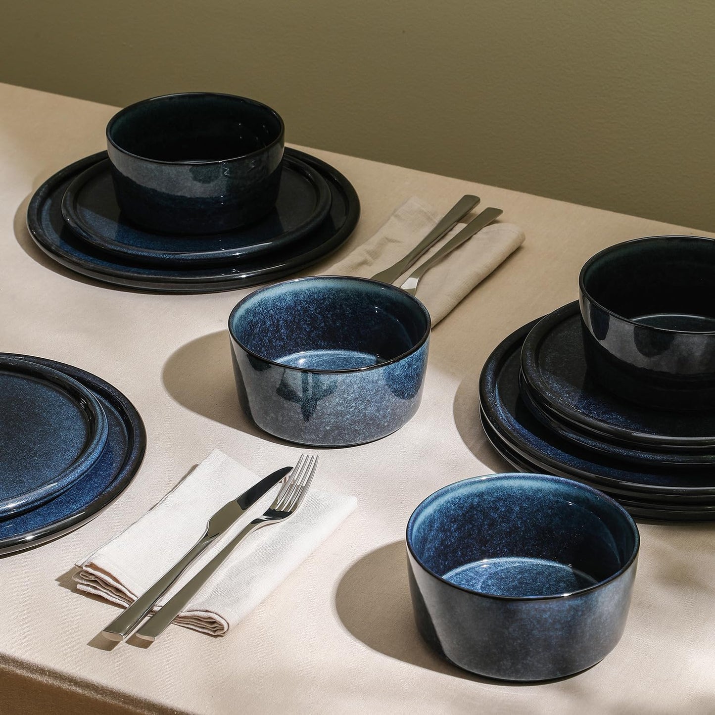 Stone Lain Eden 12-Piece Dinnerware Set Stoneware, Plates and Bowls Set, Dishwasher and Microwave Safe Dish, Dish Set for 4, Dark Blue