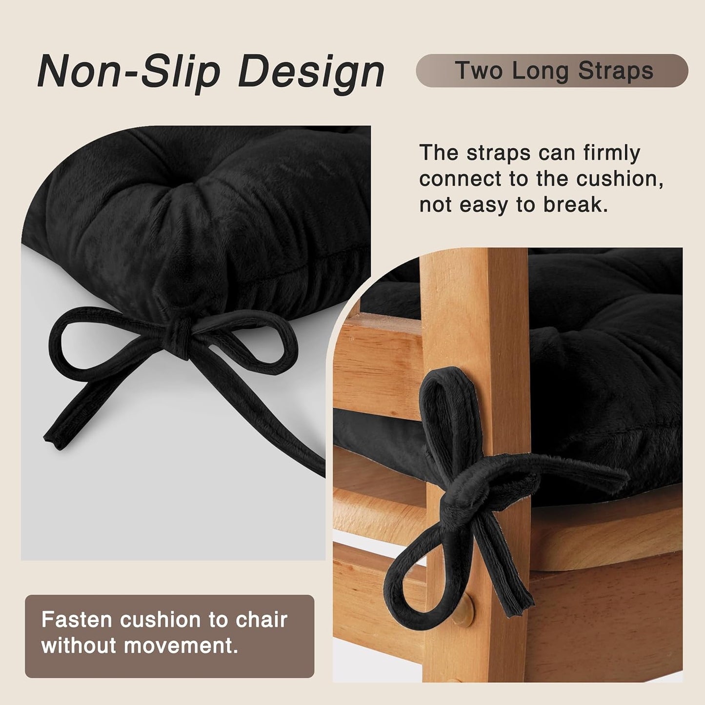 OVOV Chair Cushions for Dining Chairs Set of 6 Tufted Indoor Chair Pads with Ties Soft Square Seat Cushions for Kitchen Chairs 15.5"x15.5",Black