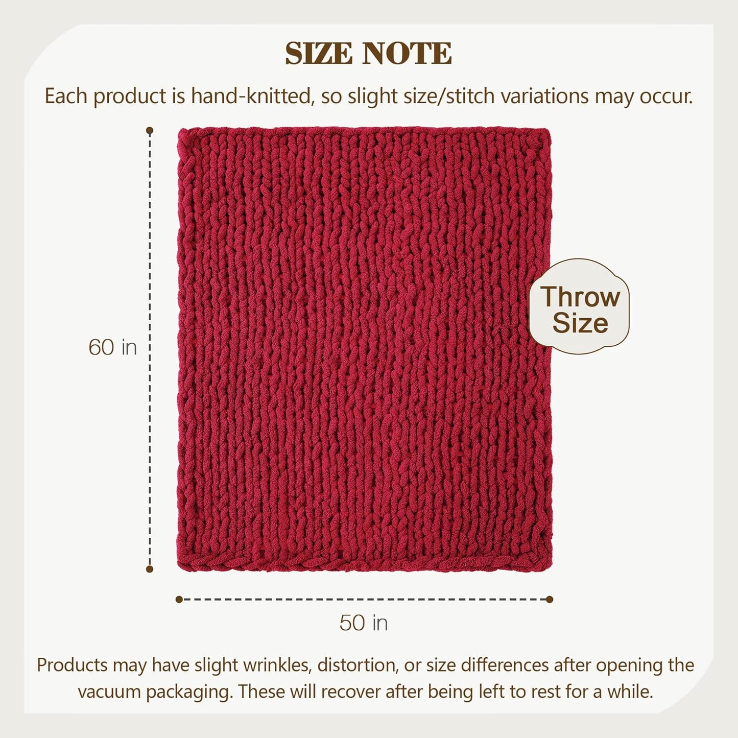 Carriediosa Chunky Knit Throw Blanket 50" X 60", 100% Hand Made Large Chenille Loop Yarn Soft Fluffy Throws for Couch Sofa Bed, Big Crochet Cozy Heavy Thick Cable Woven Blankets, Red