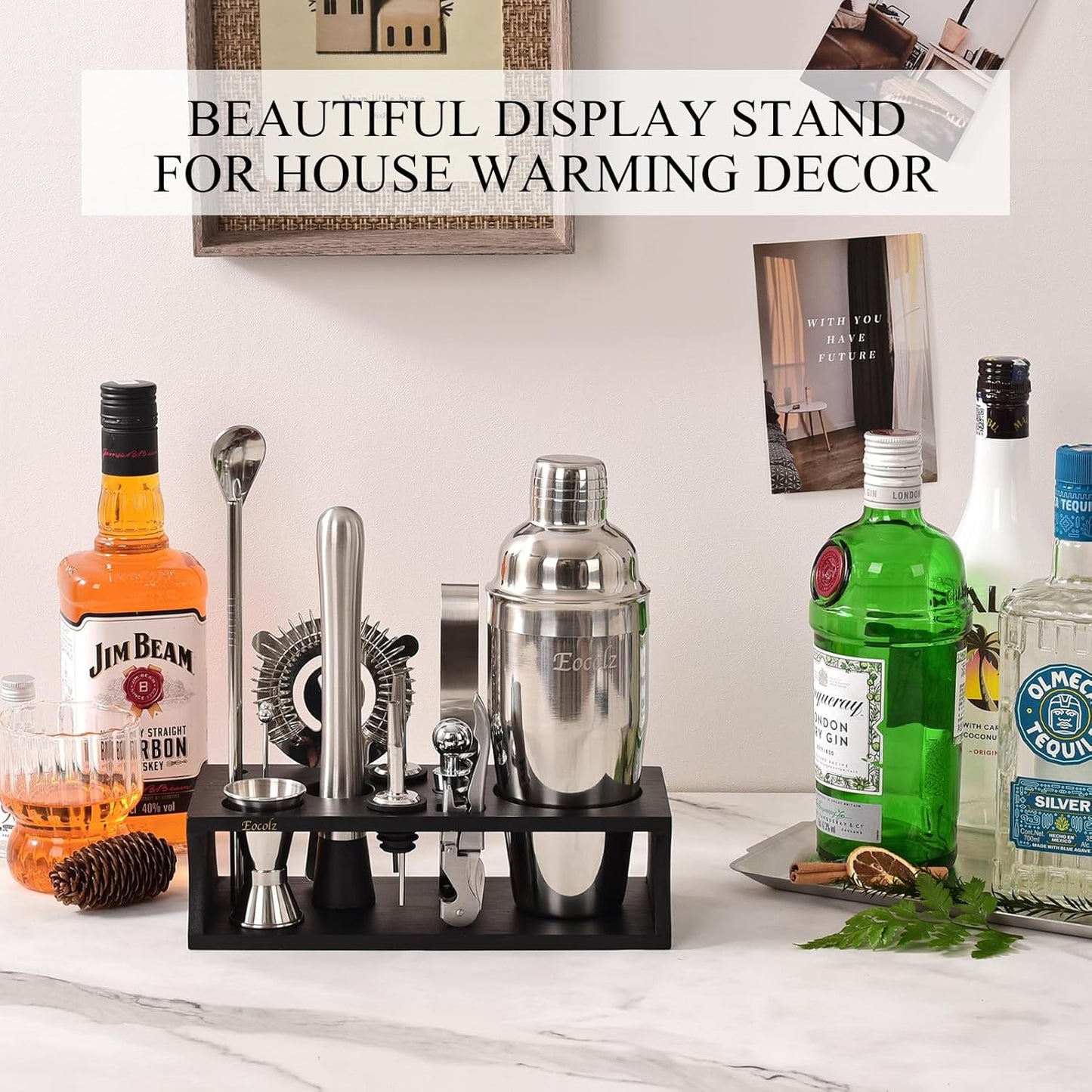 Bartender Kit Cocktail Shaker Set with Stand 17-Piece Bar Tool Bar Set for Drink Mixing Home Bartending Kit Bar Cart Accessories: Martini Shaker, Mixer Spoon, Jigger, Muddler, Strainer & Recipes Gifts