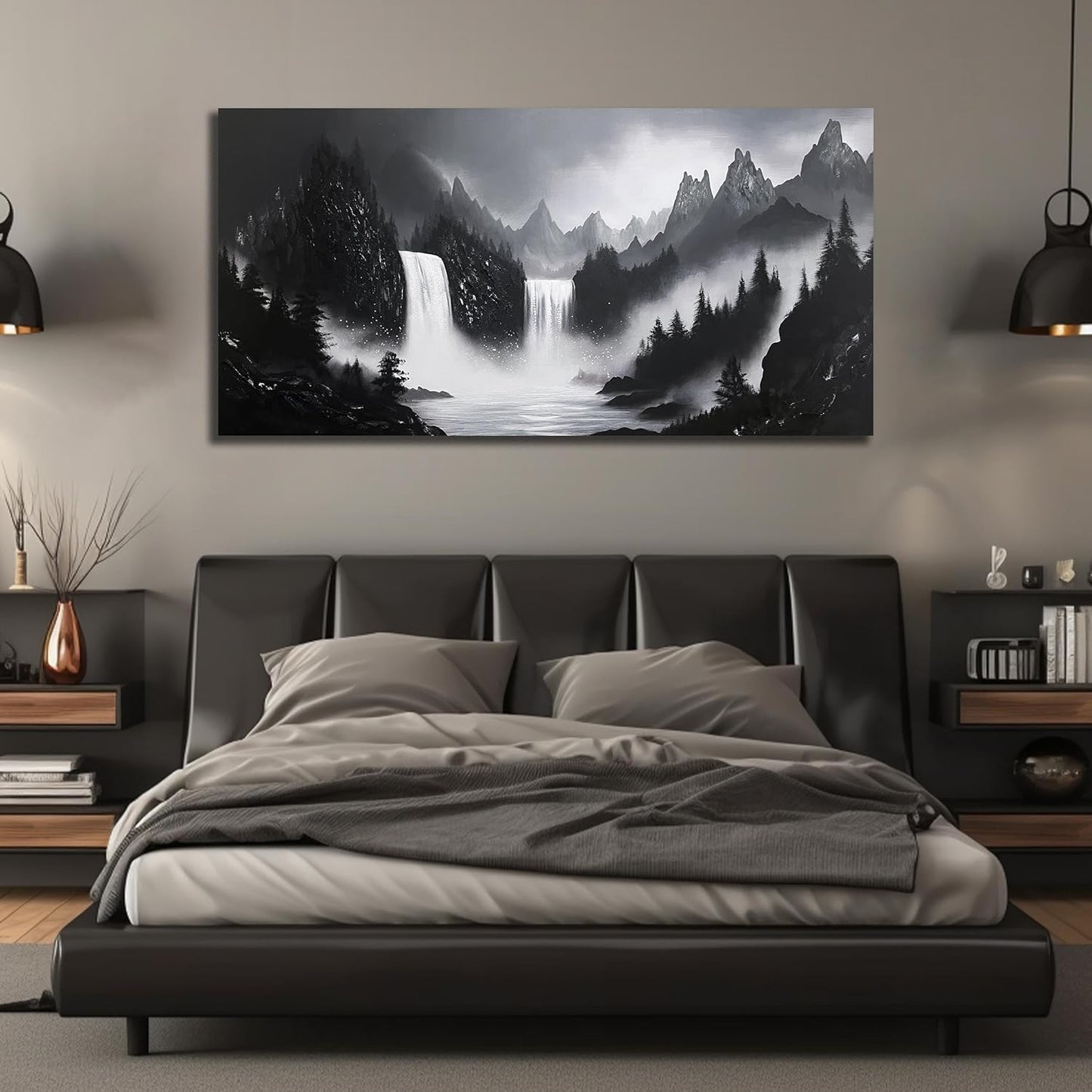 Mountain Hand Painting Wall Decor For Living Room - Extra Large Waterfall Pictures Wall Art For Office - Landscape Canvas Wall Art For Bedroom Size 36 x 72 Inch