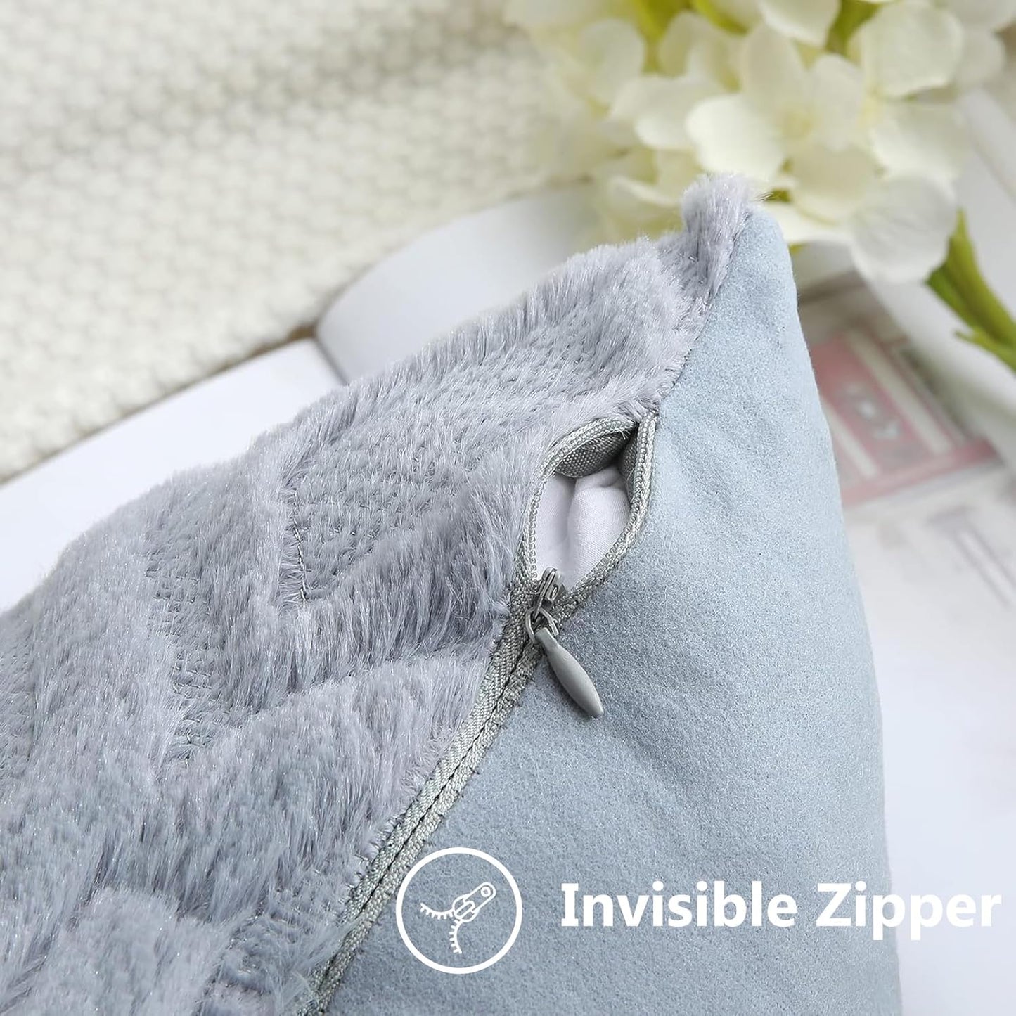 decorUhome Fall Throw Pillow Covers 12x20 Inch Set of 2, Soft Plush Decorative Faux Fur Blue Grey Solid Couch Pillow Covers, Accent Farmhouse Neutral Lumbar Euro Pillow Cases for Sofa Bed Living Room