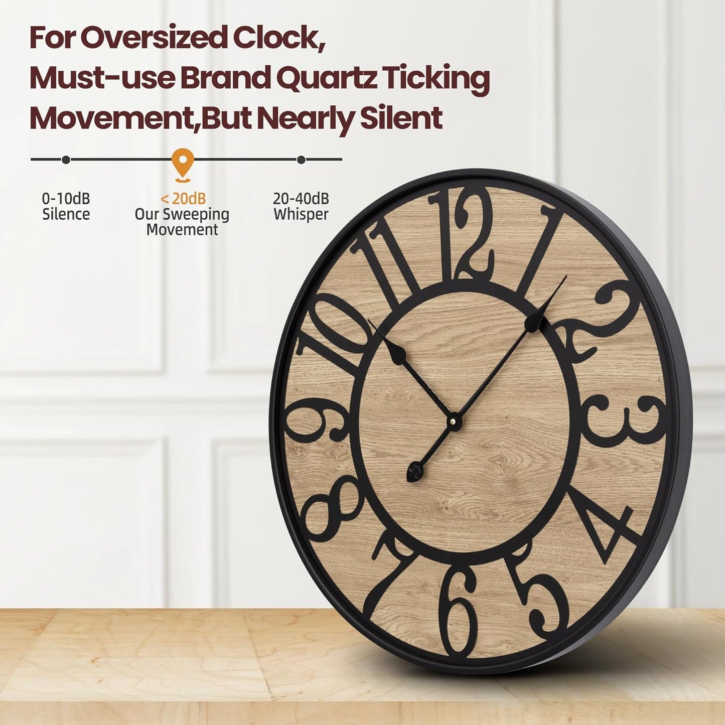 Large Wall Clock for Living Room Decor, Non Ticking Silent, Battery Operated Modern Vintage Wood Oversized Decorative Wall Clock for Bedroom Kitchen Farmhouse Office Decor