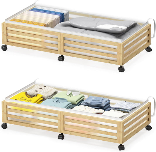 Under Bed Storage with Wheels-Large Bamboo Underbed storage Containers with Large Dust Bag Stackable Under the Bed Shoe Storage Bins for Clothes Books Bedding (2 Packs Nature, 33.07"L×16.54"W× 6.5"H)