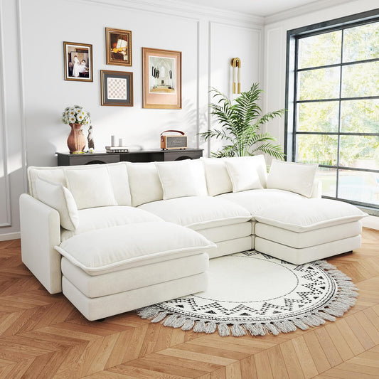 Sectional Sofa 3 Seater with Movable 2 Ottomans,Oversized Modular Couch Deep Seat (Beige, 111.5 inch-U)