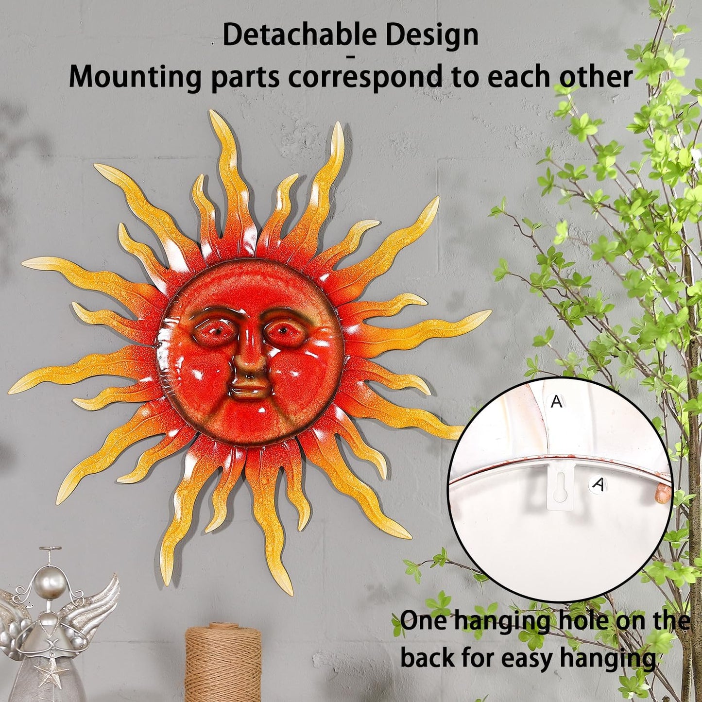 TICKCACY 33" Metal Sun Wall Art Decor, Large Sun Face Wall Art Decoration for Indoor Outdoor, Metal Wall Hanging for Living Room Bedroom Farmhouse Yard Fence Patio Garden