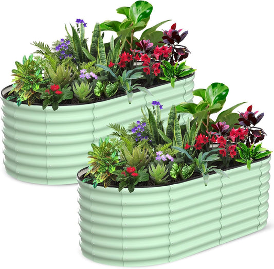 2 Pcs 6x3x2ft Oval Raised Garden Bed, Galvanized Raised Beds,Open-Ended Base Metal Raised Planter Beds,Garden Bed Outdoor,Planter Raised Boxes for Vegetables, Flowers,Tool-Free Asse,Green