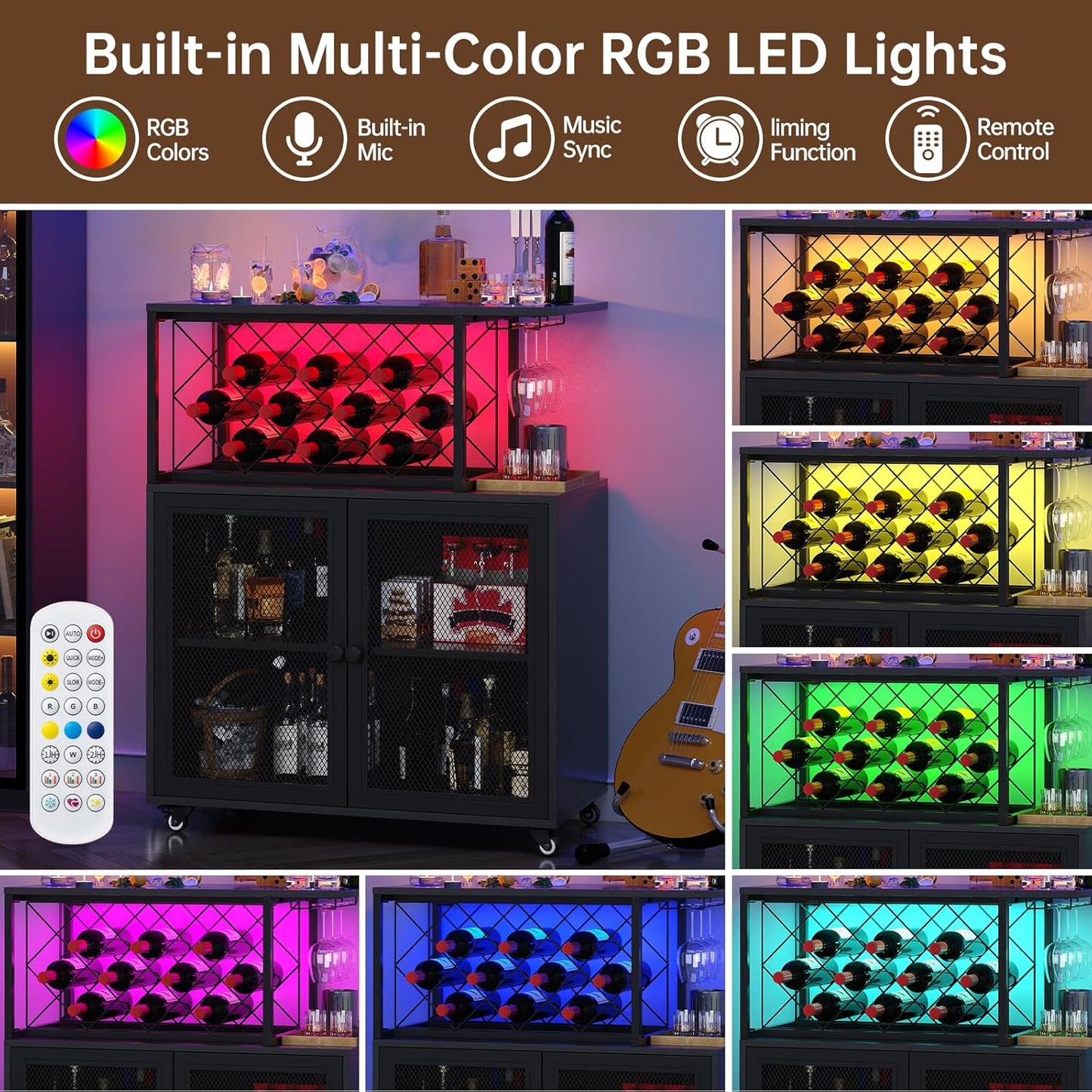 Wine Bar Cabinet with Wheels, 4-Tier Bar Cart with Power Outlets and LED Light, Liquor Cabinet Home Mini Bar with Wine Rack, Coffee Bar Cabinet for Liquor, Black