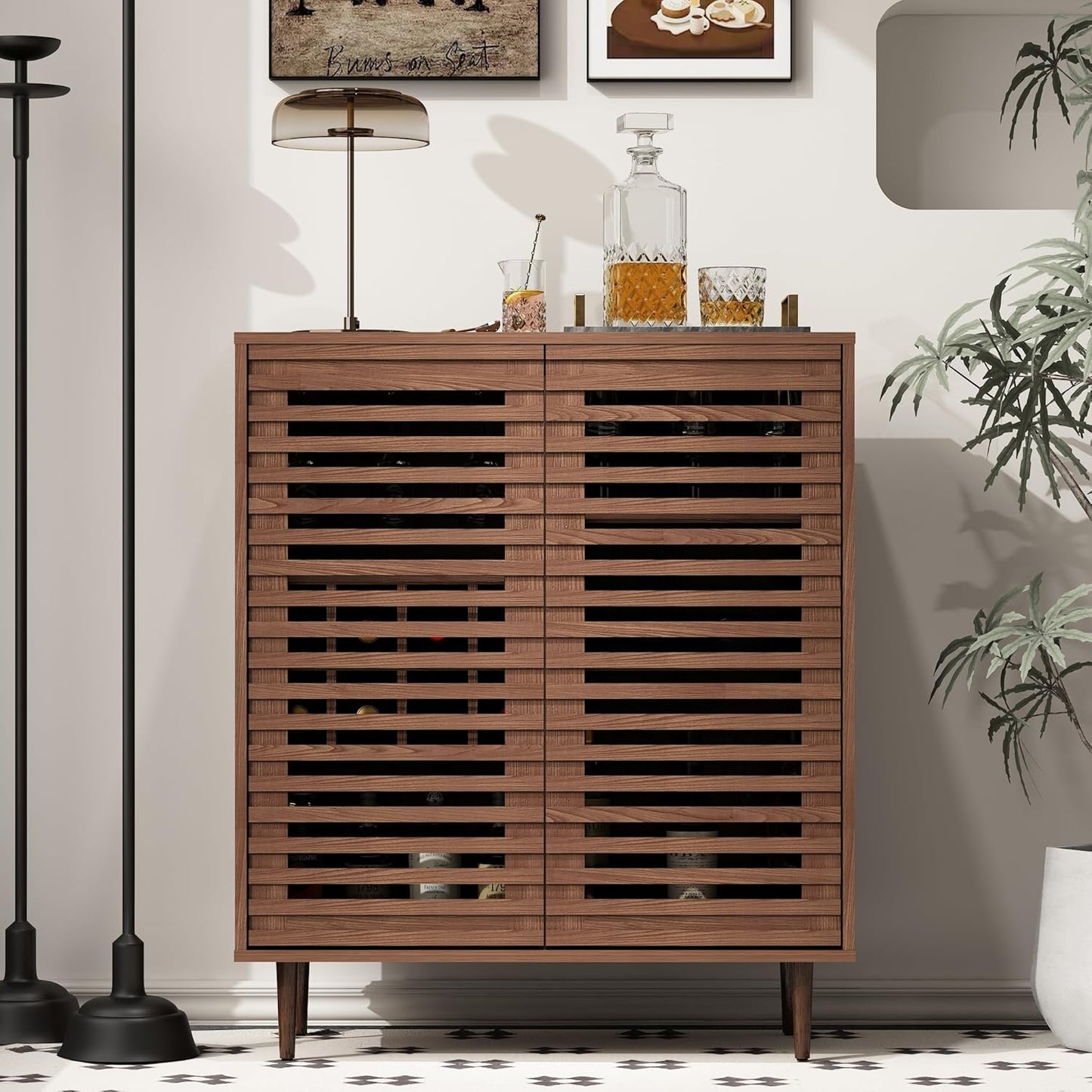 Mid Century Bar Cabinet with Wine Racks, Modern Liquor Cabinet with Slatted Doors for Dining Room, Living Room (Walnut Color)