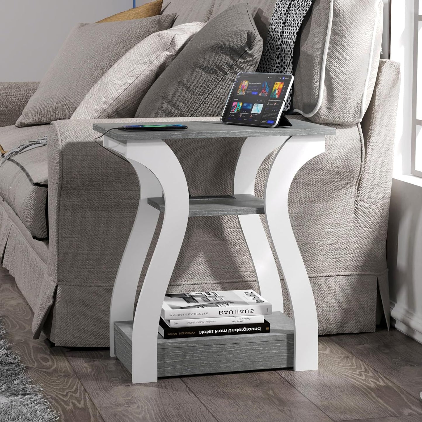 End Tables Living Room, Grey End Table with Charging Station, Grey Side Table, Nightstand for Bedroom, 3 Tier End Table with Storage Shelf for Living Room