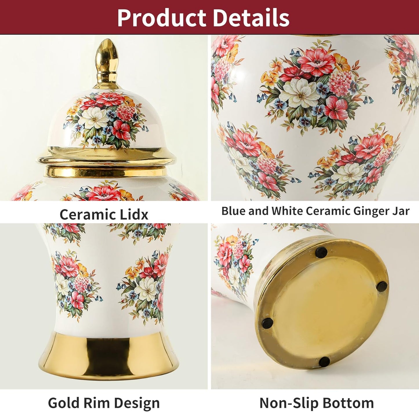 Ginger Jars for Home Decor, White Gold Ceramic Vase with Colorful Floral Pattern, Handmade Decorative Flower Vase with Lid for Home, Kitchen, Office, Table, Bookshelf, Mantle Fireplace,(18in)